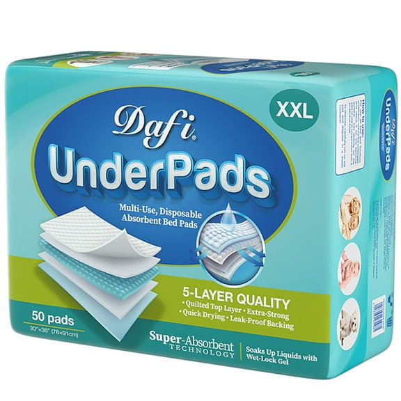 DAFI Disposable Incontinence Bed Pads Extra Large 30”x 36”(50 Count) Thick Underpads, Effective Odor Control Pee Pads, Chucks Pads, Super Absorbent Protection for Elderly, Adults, Baby