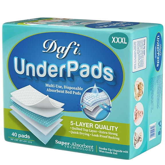 DAFI Disposable Incontinence Bed Pads Extra Large 36”x 36”(40 Count) Thick Underpads, Effective Odor Control Pee Pads, Chucks Pads, Super Absorbent Protection for Elderly, Adults, Baby