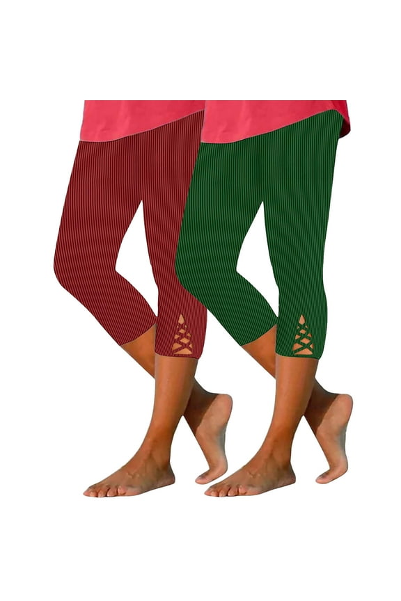2 Pack Capri Leggings for Women Crossover Cutout Hem Knee Length Yoga Pants Casual Comfy Cropped Lounge Pants