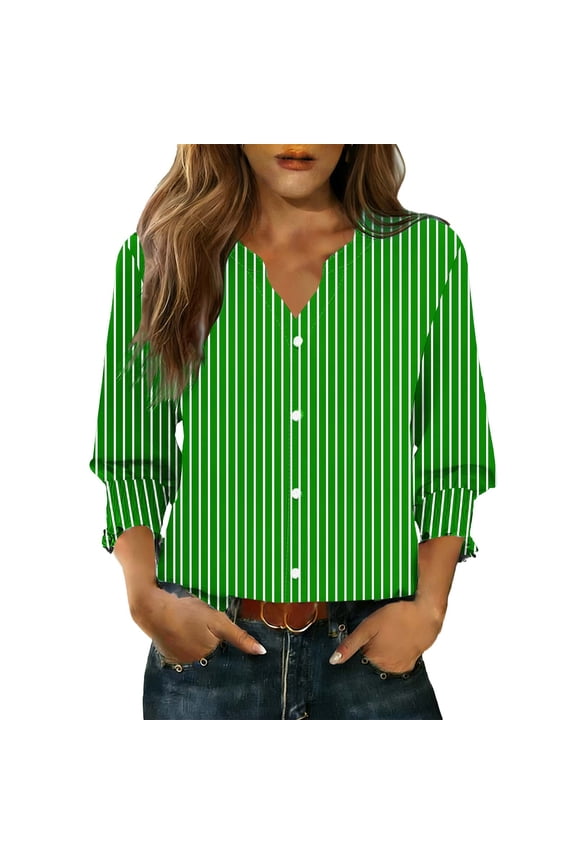 3/4 Length Sleeve Womens Shirts Dressy Casual Button Down V-Neck Tops Classy Smocked Cuffs Business Work Tunic Blouse