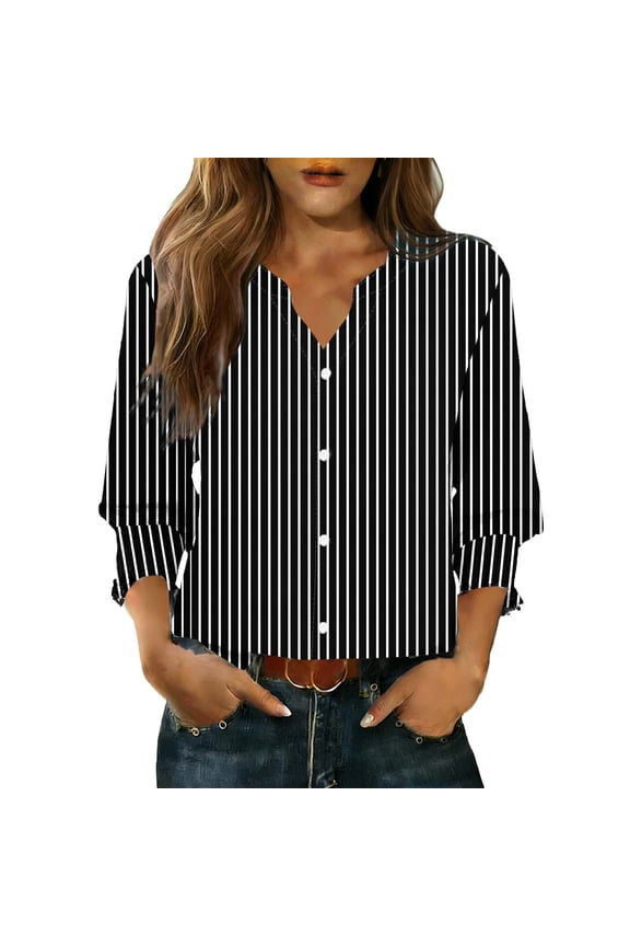 3/4 Length Sleeve Womens Shirts Dressy Casual Button Down V-Neck Tops Classy Smocked Cuffs Business Work Tunic Blouse