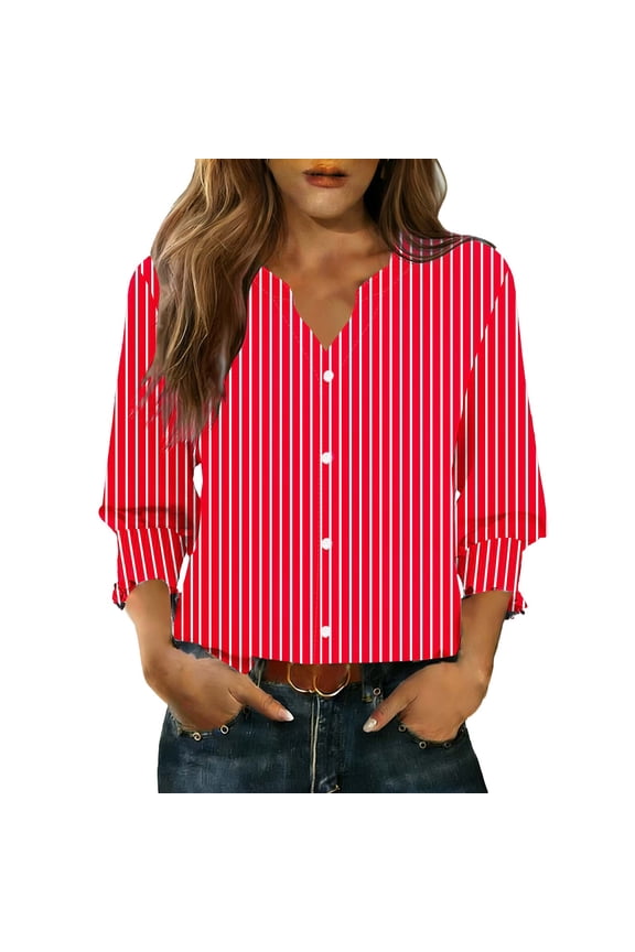 3/4 Length Sleeve Womens Shirts Dressy Casual Button Down V-Neck Tops Classy Smocked Cuffs Business Work Tunic Blouse