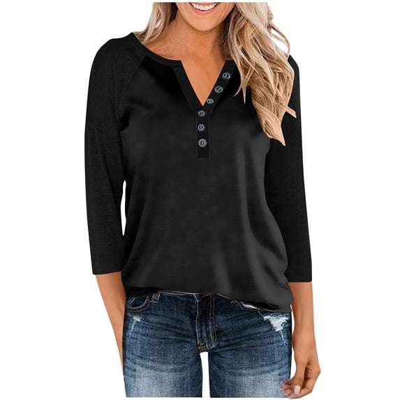 DAFPZW 3/4 Length Sleeve Womens Tops Cotton Dressy Button V Neck Shirt Casual Raglan Shirts Color Block Tunic Blouses
