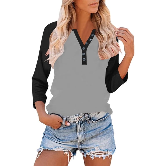 DAFPZW 3/4 Length Sleeve Womens Tops Cotton Dressy Button V Neck Shirts Casual Raglan Shirts Color Block Tunic Blouses Basic Tees