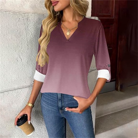 DAFPZW 3/4 Length Sleeve Womens Tops Roll Up Sleeve Loose Fit T-Shirts V-Neck Shirts Tunic Top Dressy Casual Blouses