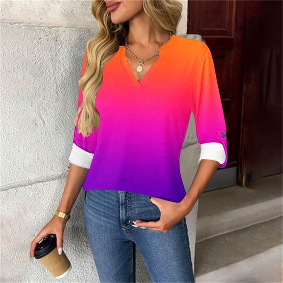 DAFPZW 3/4 Length Sleeve Womens Tops Roll Up Sleeve Loose Fit T-Shirts V-Neck Shirts Tunic Top Dressy Casual Blouses