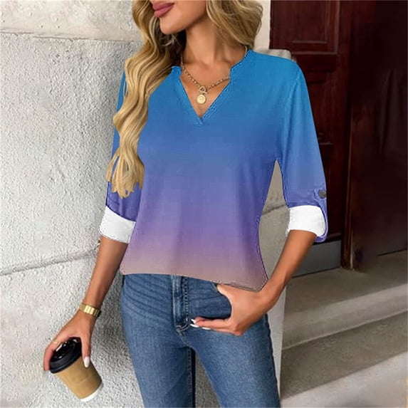 DAFPZW 3/4 Length Sleeve Womens Tops Roll Up Sleeve Loose Fit T-Shirts V-Neck Shirts Tunic Top Dressy Casual Blouses