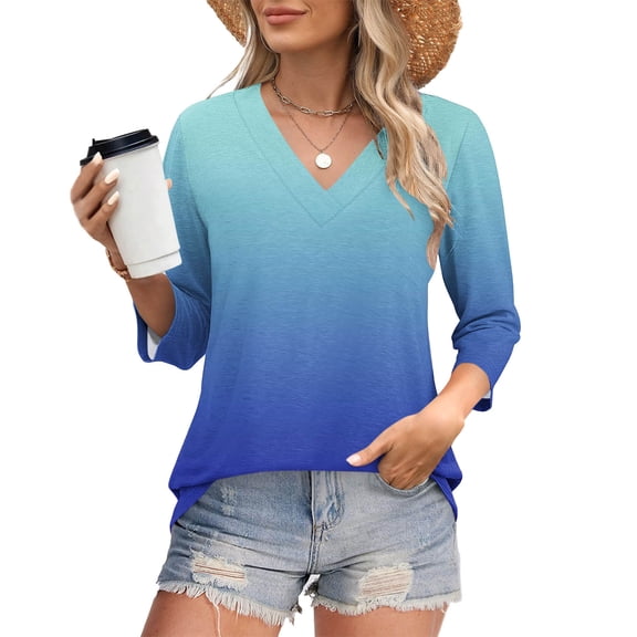 DAFPZW 3/4 Length Sleeve Womens Tops V Neck Dressy Casual Tunic Tops Basic Ombre Shirts Spring Trendy Blouse Cute Vacation Tee