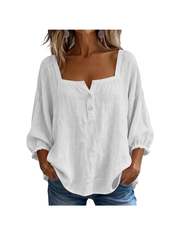 3/4 Sleeve Linen Shirts for Women Square Neck Button up Shirt Lightweight Casual Loose Summer Peasant Blouses