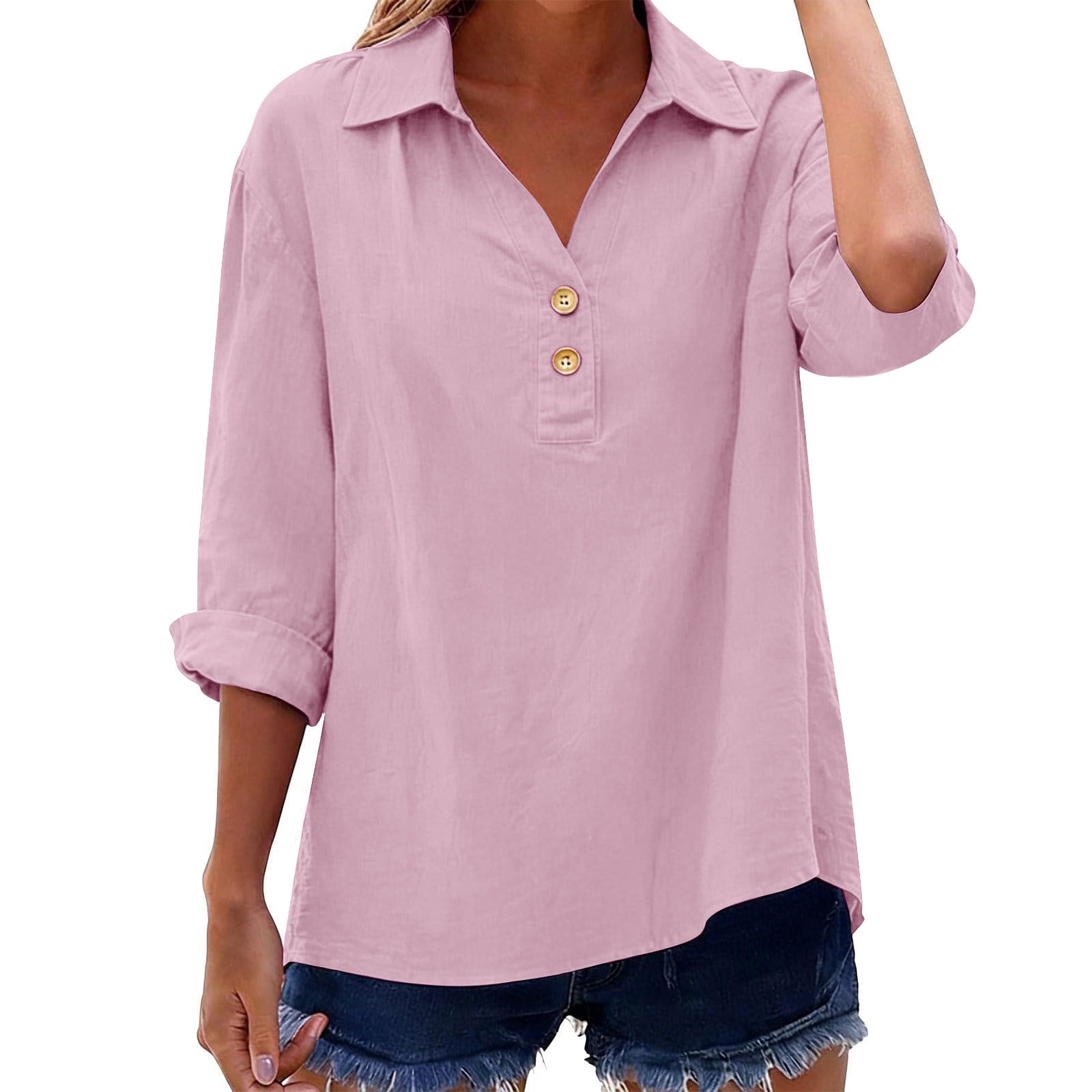 DAFPZW 3/4 Sleeve Linen Tops for Women Casual Button V-Neck Collard ...