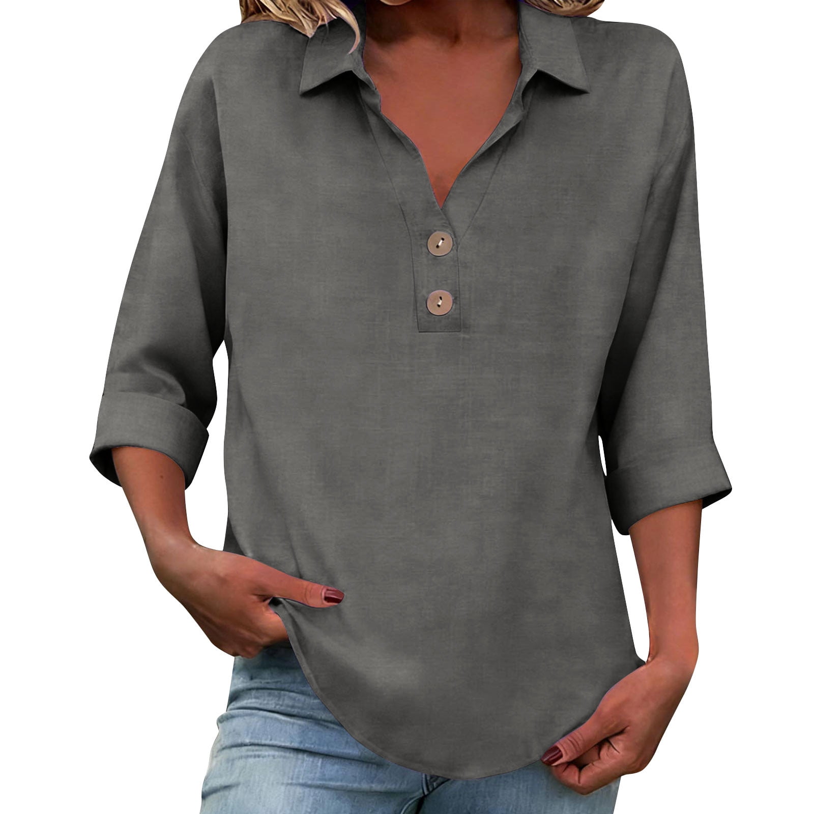 DAFPZW 3/4 Sleeve Linen Tops for Women Casual Button V-Neck Collard ...