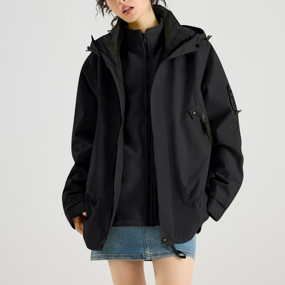 DAFPZW 3 in 1 Jackets for Women Fall Winter Fleece Insulation Hooded Jacket Hiking Outdoor Windproof Warm Windbreaker Outerwear