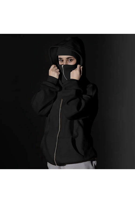 Balaclava Jacket Zip Up Fashion Double Layer Hoodie Hip Hop Outerwear Jacket Y2K Clothing for Men and Women