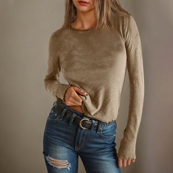 DAFPZW Basic Going Out Crop Tops for Women Fall Long Sleeve Slim Fit Crew Neck Casual Solid Color Streetwear T Shirts