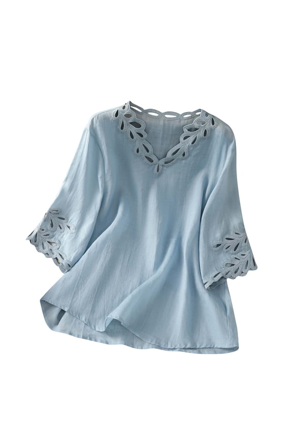 Boho Tops for Women Summer Cotton Linen Shirts Peasant Blouses Retro 3/4 Sleeve V-Neck Embroidered Tee Shirts