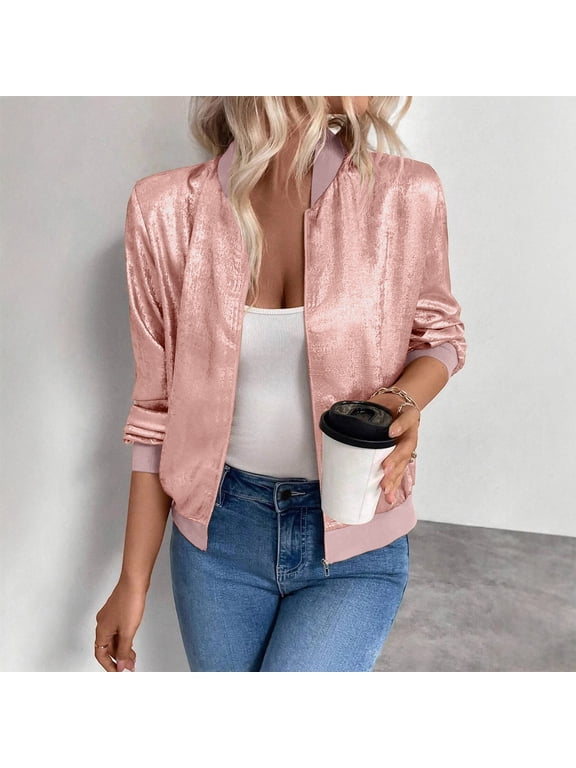 Bomber Jacket for Women Metallic Cropped Zip Up Jacket Casual Sparkly Party Cute Light Jackets Plus Size Coats