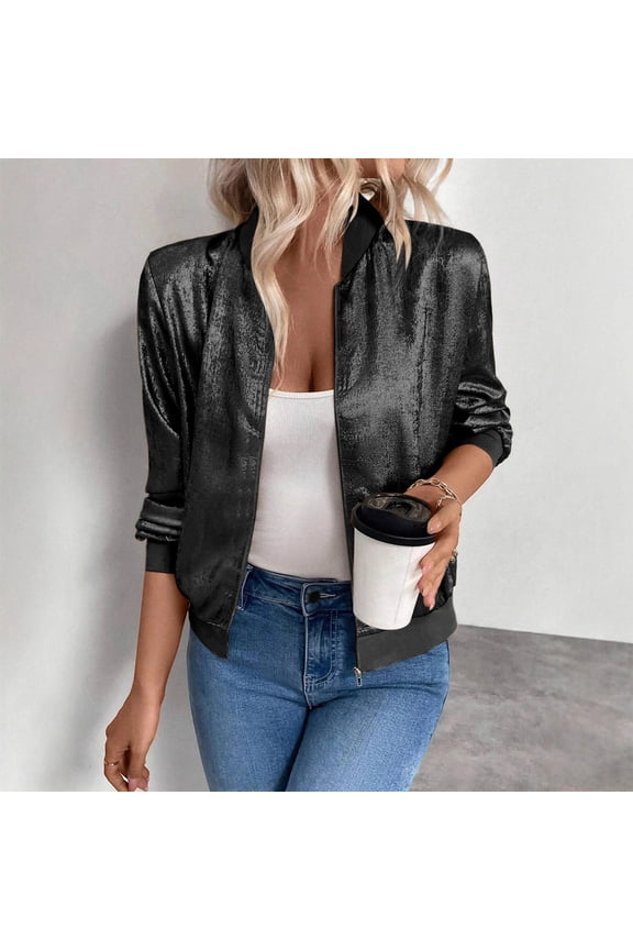 Bomber Jacket for Women Metallic Cropped Zip Up Jacket Casual Sparkly Party Cute Light Jackets Plus Size Coats