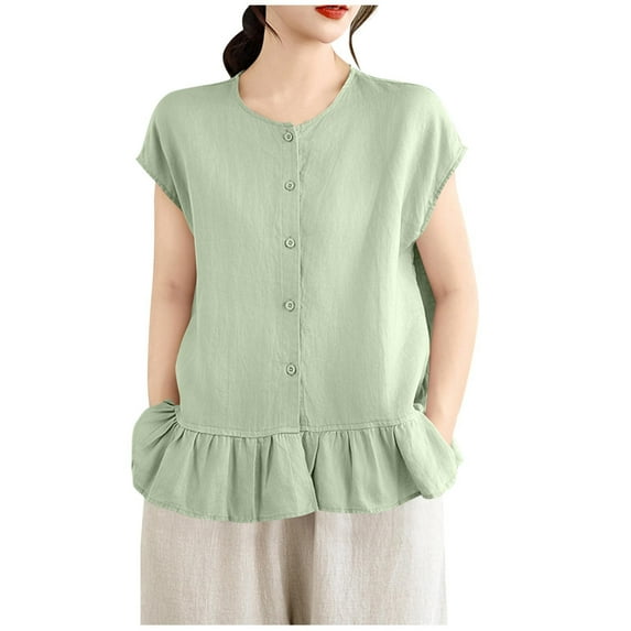 DAFPZW Button Up Tank Tops for Women Ruffle Hem Cotton Loose Fit Fly Sleeve Shirts Spring Summer Blouses