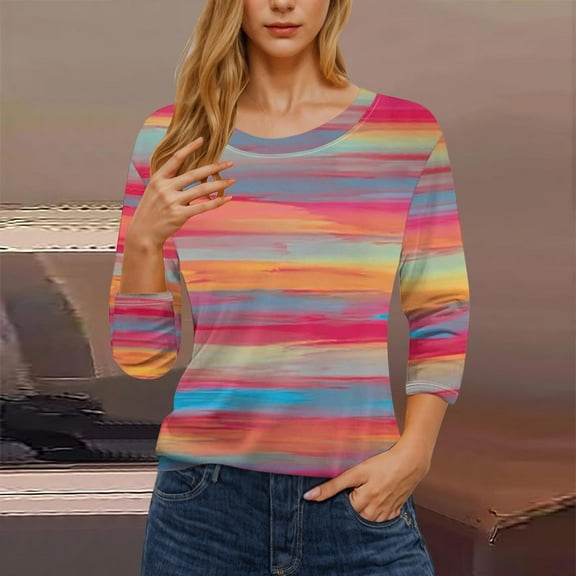 DAFPZW Casual Striped Tops for Women Slim Fit Tunic Tee Crewneck 3/4 Length Sleeve Summer T Shirts Trendy Summer Shirt
