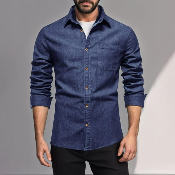 DAFPZW Chambray Shirt Men Long Sleeve Western Work Dress Shirts Casual Button Down Denim Blouses with Pocket