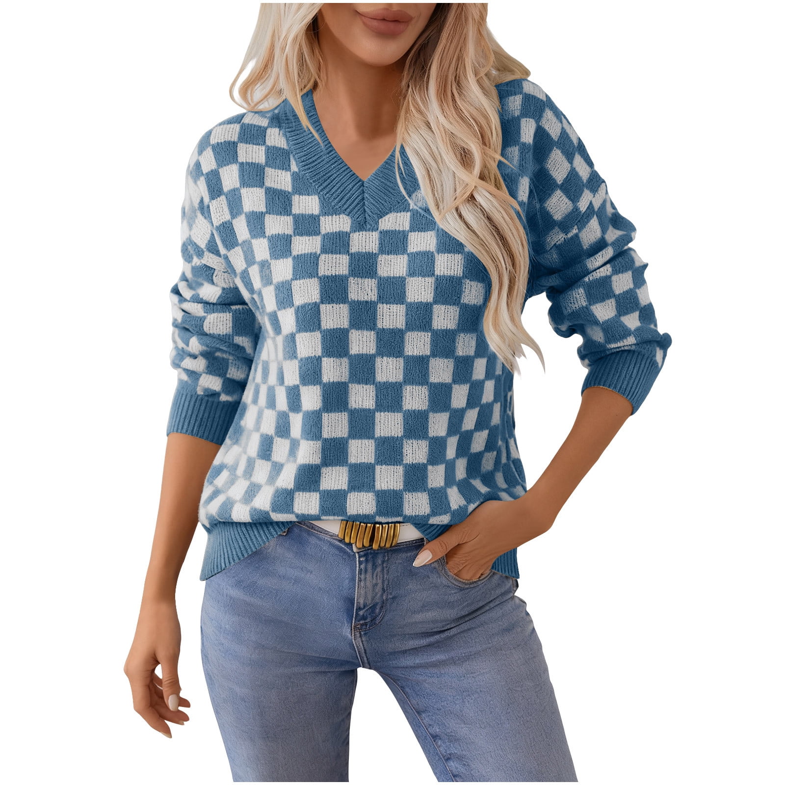 Spring Pullover DAFPZW Checkered Sweaters for Women Loose V-Neck Long Sleeve Knitted ...