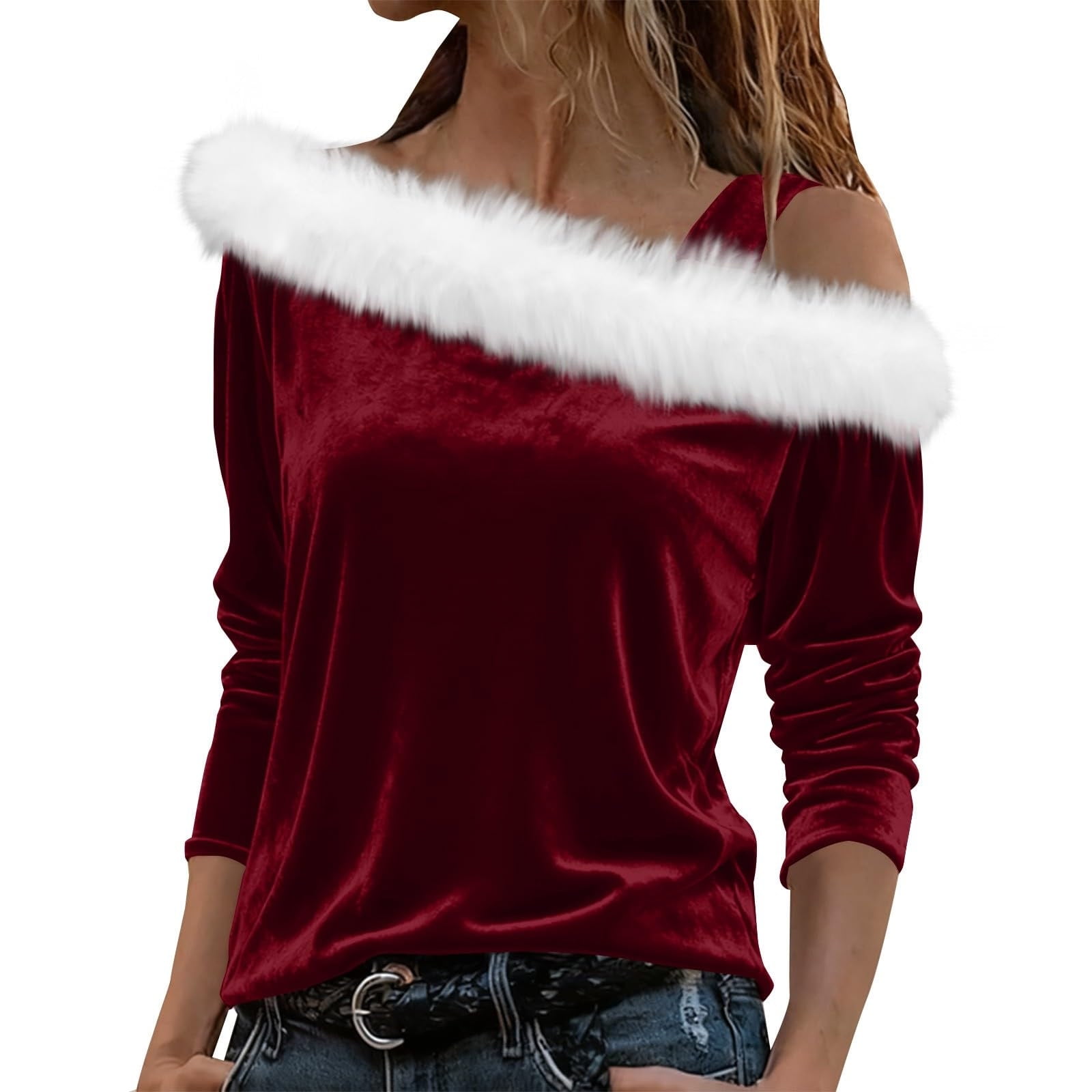 DAFPZW Christmas Tops for Women Velvet Long Sleeve Off The Shoulder ...