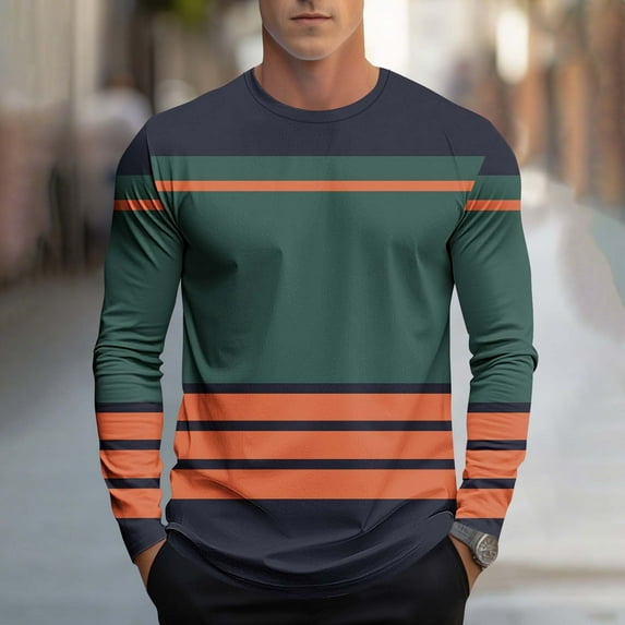 DAFPZW Color Block Long Sleeve Shirts for Men Striped Fall Casual T-Shirt Vintage Loose Crewneck Blouse Tops 2025 Streetwear