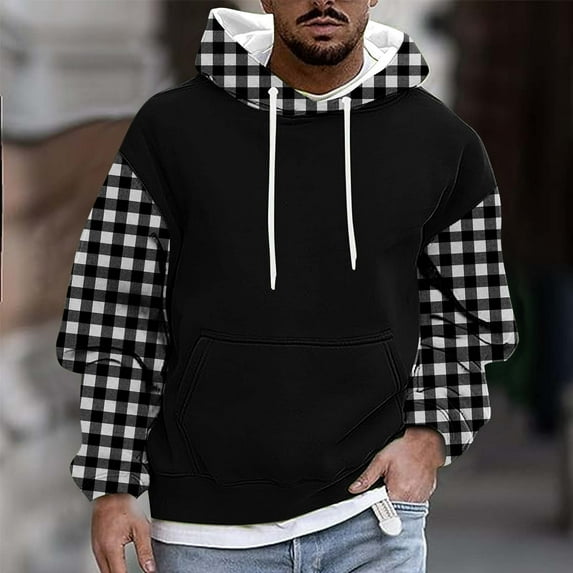 DAFPZW Color Block Plaid Print Sweatshirt Men Casual Long Sleeve Pullover Fleece Loose Hooded Tops Fall Fashion Streetwear