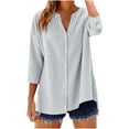 thumbnail image 1 of DAFPZW Cotton 3/4 Sleeve Button Down Shirts for Women Summer Striped Tops Notched V-Neck Casual Loose Blouse Tees, 1 of 6