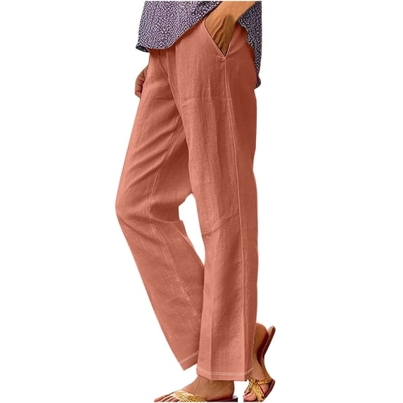 DAFPZW Cotton Linen Pants for Women Summer Plus Size Elastic Waist Casual Loose Beach Straight Leg Trouser with Pockets