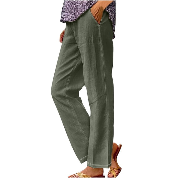 DAFPZW Cotton Linen Pants for Women Summer Plus Size Elastic Waist Casual Loose Beach Straight Leg Trouser with Pockets