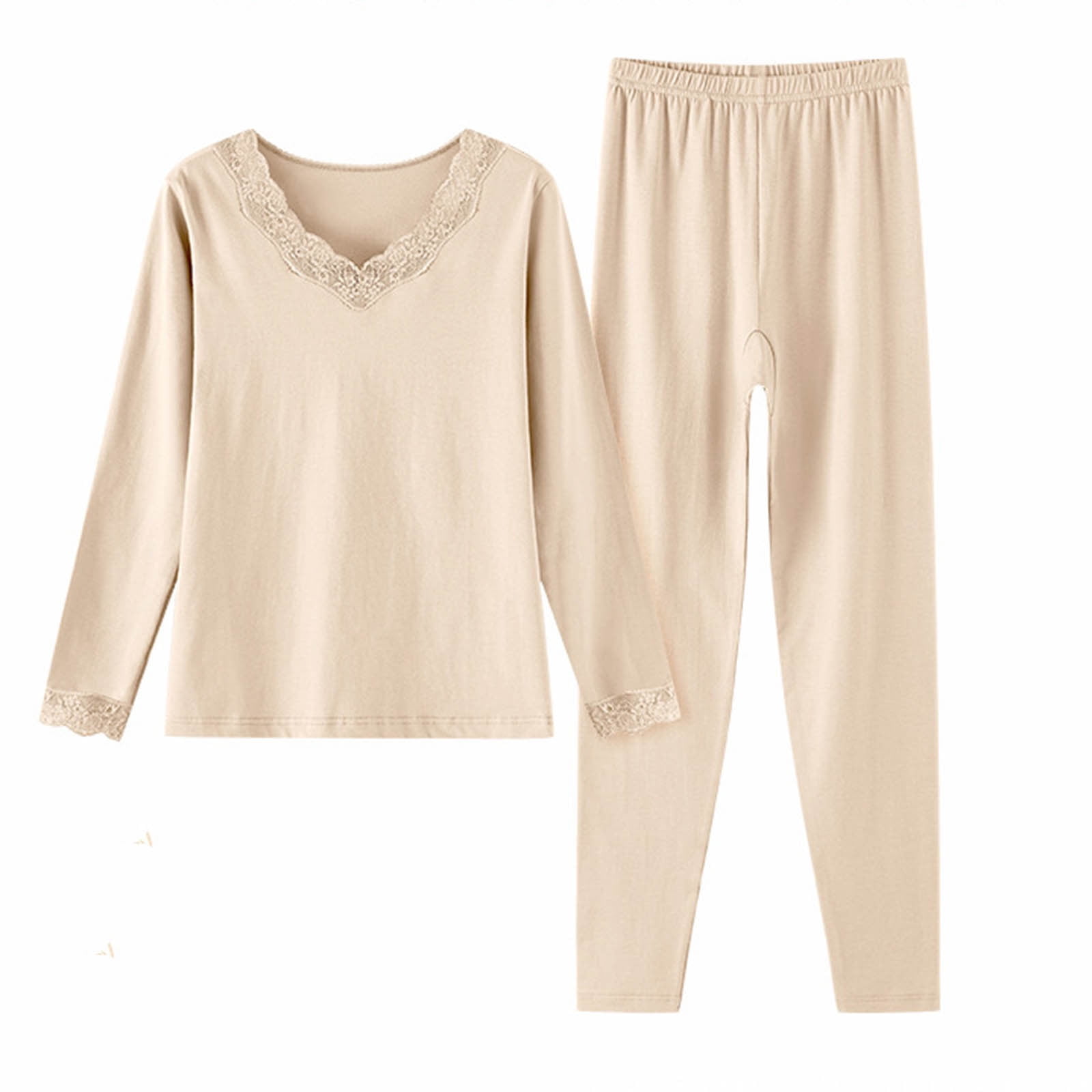DAFPZW Cotton Pajamas Sets for Womens Lace Trim V Neck Cozy Long Sleeve ...