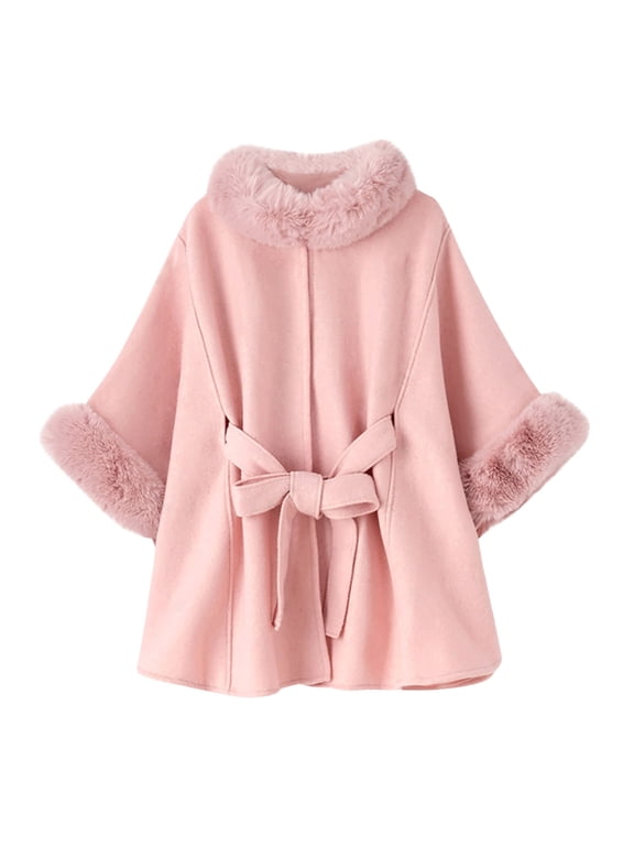 Elegant Faux Fur Trim Cape Coat for Women Belted Waist Batwing Poncho Cloak Warm Winter Oversized Pull On Fuzzy Shawl