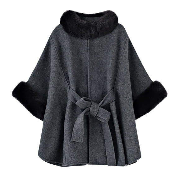 DAFPZW Elegant Faux Fur Trim Cape Coat for Women Belted Waist Batwing Poncho Cloak Warm Winter Oversized Pull On Fuzzy Shawl