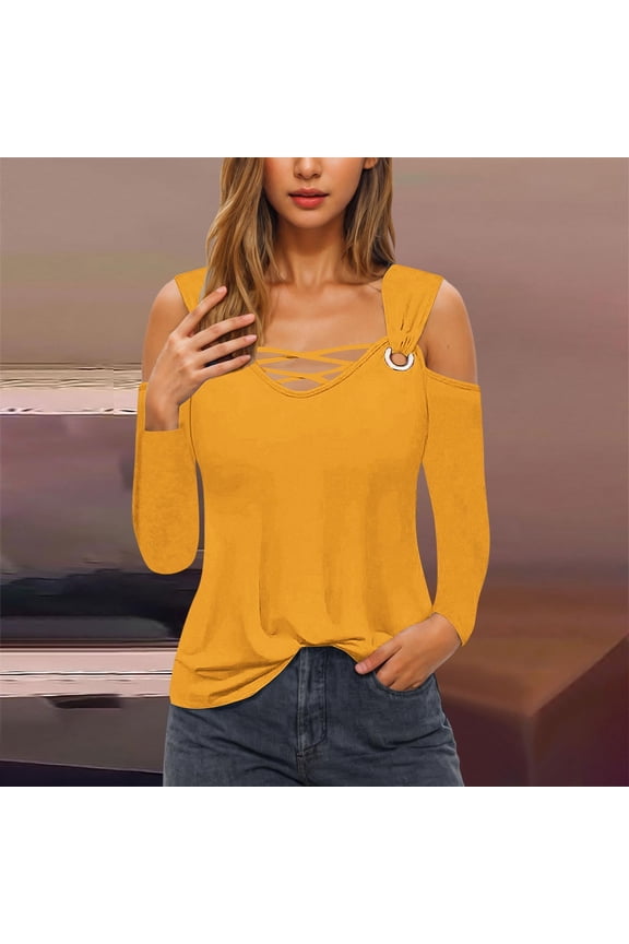 Fall Blouses for Women 2025 Trendy Cold Shoulder Long Sleeve Shirts Hollow Out V Neck Casual Pullover Tops for Ladies