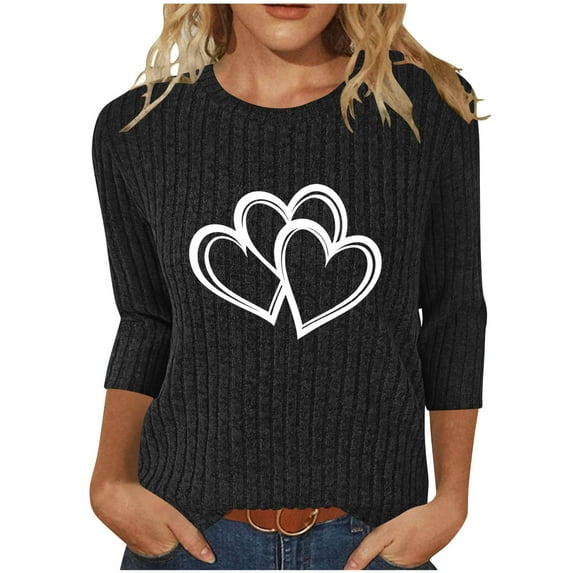 DAFPZW Fall Sweaters for Women 2025 Ribbed Knit Fashion Heart Print 3/4 Sleeve Casual Winter Clothes Pullover Jumper Tops
