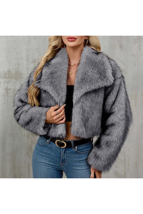 Faux Fur Cropped Jacket Women Shawl Lapel Collar Open Front Cardigans Winter Furry Plush Faux Fur Coats