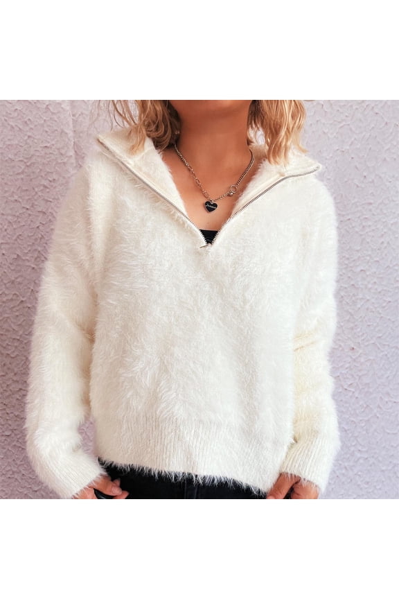 Faux Fur Quarter Zip Pullover for Women Fluffy Fuzzy V Neck Knitted Sweater Winter Fashion Warm Long Sleeve Crop Tops