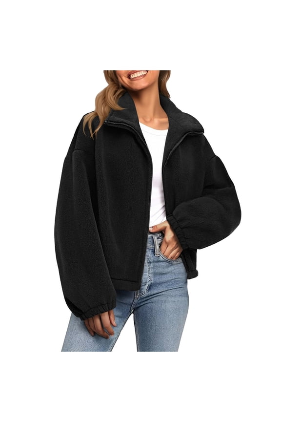 Fleece Jacket for Women Crop Teddy Coat Winter Warm Sherpa Jackets Cropped Full Zip Up Coats
