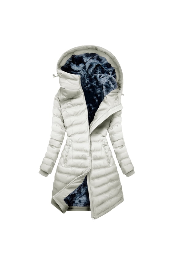 Fleece Lined Puffer Jacket for Women Waterproof Hooded Quilted Jackets Thermal Mid Length Winter Coat Parka with Pockets