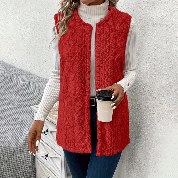 DAFPZW Fleece Vest Women Sleeveless Crewneck Sherpa Jacket Open Front Lightweight Cardigans Fuzzy Fall Winter Coats