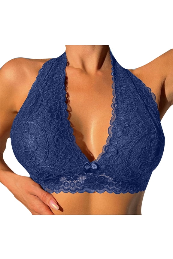 Floral Lace Halter Bralette for Women Unpadded Wirefree Lace Bra Halterneck Crop Top with Hook and Eye Closure Back