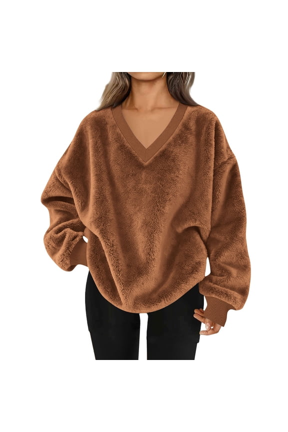 Fuzzy Sweater for Women Fluffy Sherpa Fleece Pullover Sweaters Long Sleeve Oversized V-Neck Sweatshirt with Pockets