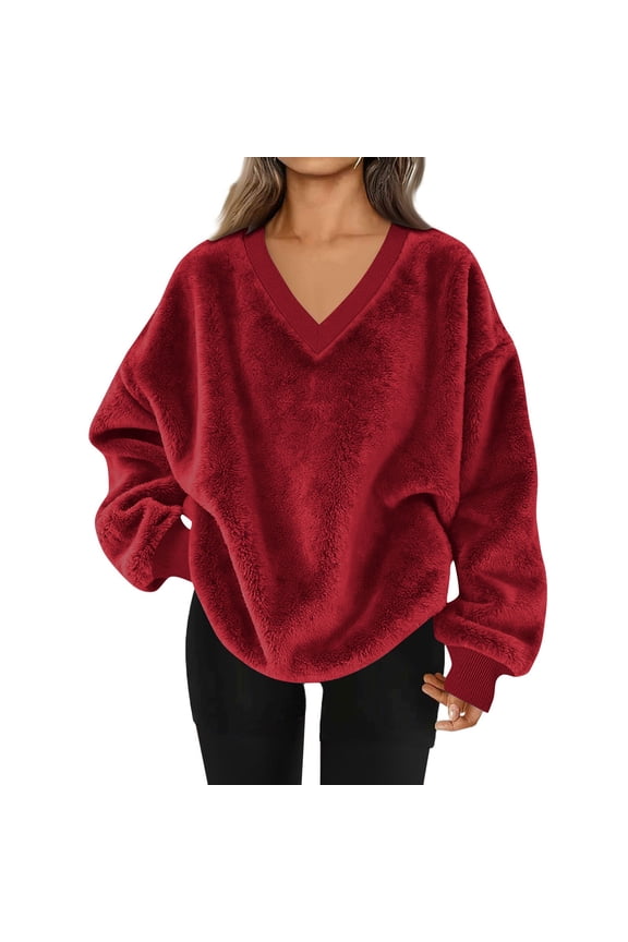 Fuzzy Sweater for Women Fluffy Sherpa Fleece Pullover Sweaters Long Sleeve Oversized V-Neck Sweatshirt with Pockets
