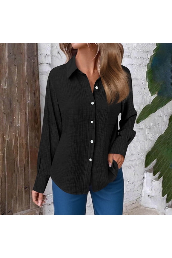 Gauze Blouses for Women Button Down Dress Shirts Fall Cozy Long Sleeve Textured Collared Fall Work Camping Clothes
