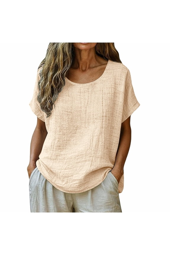 Gauze Shirts for Women Summer Casual Loose Cotton Linen Tops Short Sleeve Round Neck Beach Vacation Blouses Tees