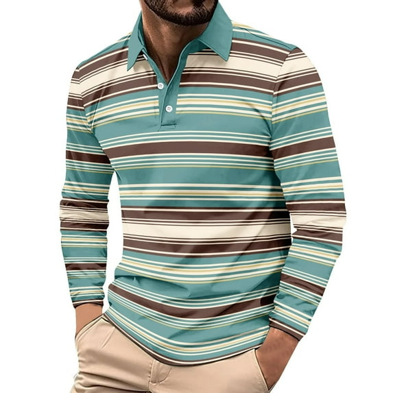 DAFPZW Golf Shirts for Men Long Sleeve Slim Fit Striped Shirt with Collar Plus Size Pullover Casual Fall Tops