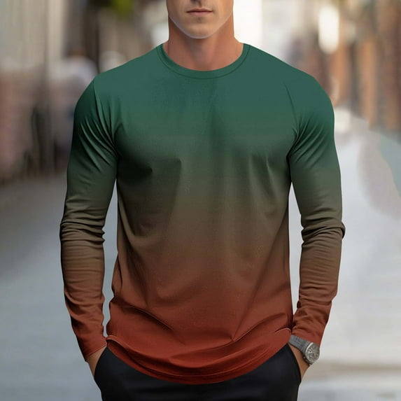 DAFPZW Gradient T-Shirts for Men Long Sleeve Basic Casual Shirts Fall Ombre Color Crewneck Pullover Tee Trendy Athletic Tops