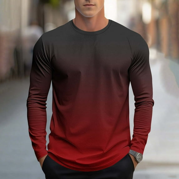 DAFPZW Gradient T-Shirts for Men Long Sleeve Basic Casual Shirts Fall Ombre Color Crewneck Pullover Tee Trendy Athletic Tops