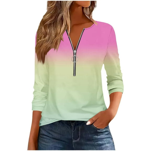 DAFPZW Gradient T-shirts for Women Casual V-Neck Half Zip Tunic Tops Ombre 3/4 Sleeve Loose Fit Tunic Shirt Blouse Tees